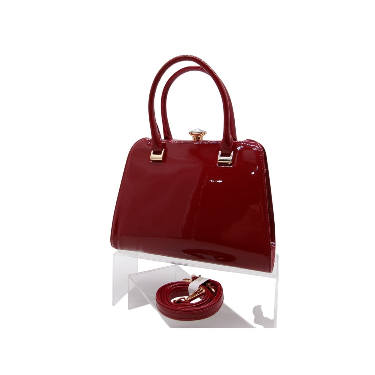 LA TERRE Burgundy Wine Patent Top Handle Bag with Detachable Strap