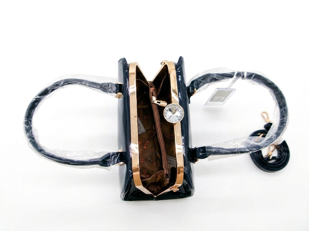 NAVY Patent Top Handle Satchel with Detachable Shoulder Strap
