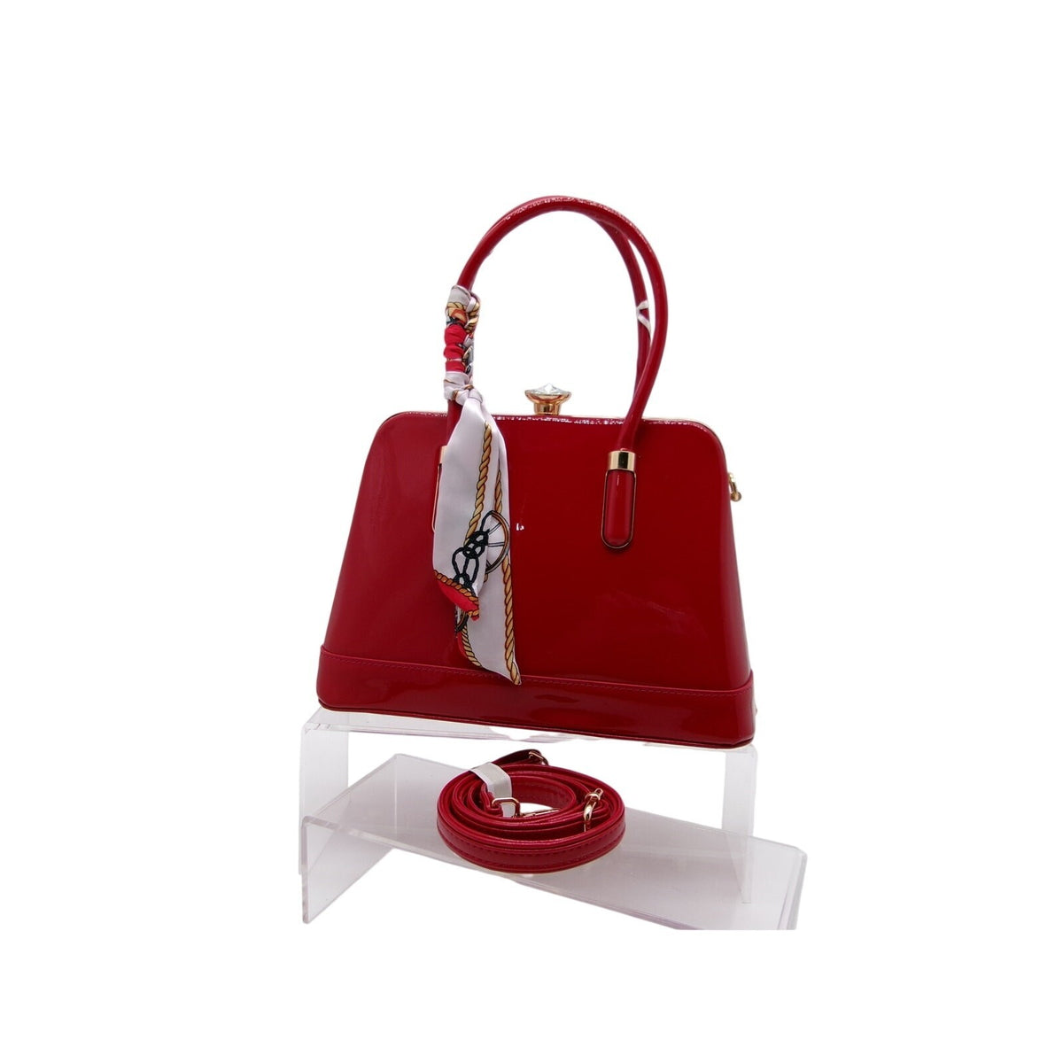 La Terrie Red Top Handle Satchel Bag with Scarf and Shoulder Strap