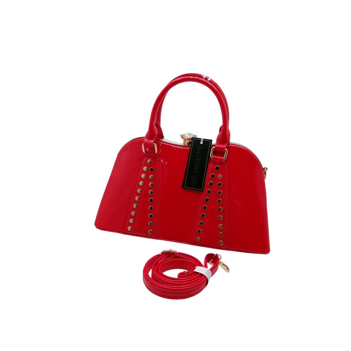 La Terre Red Patent Leather Rhinestone Top Handle Handbag