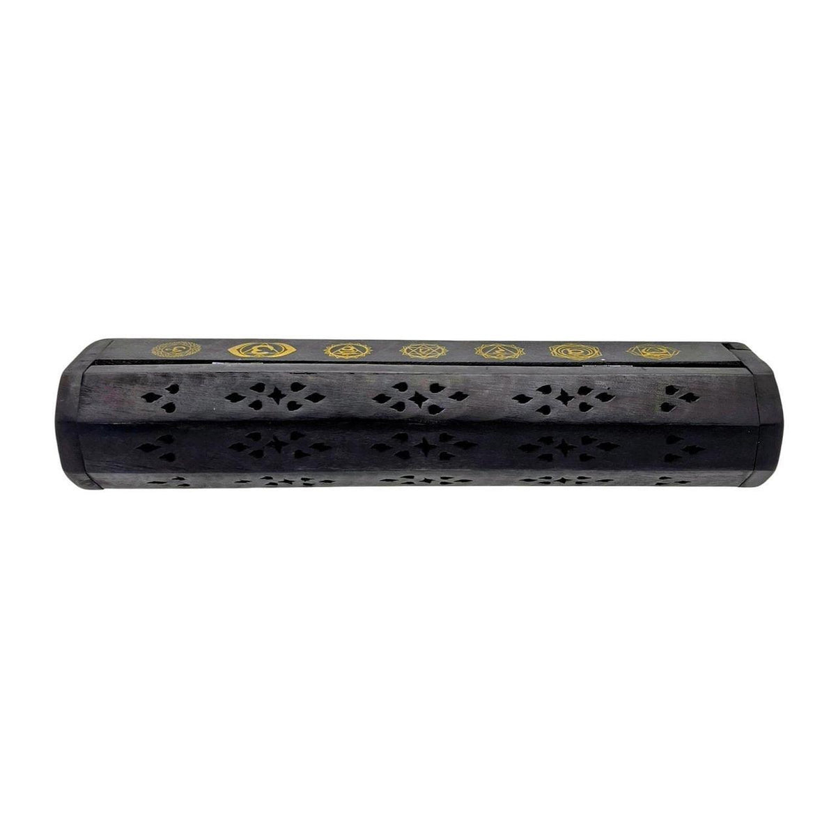 Hand-Carved Black Wood Coffin Incense Burner Box with 7 Chakras Inlay for Sticks - Danisak