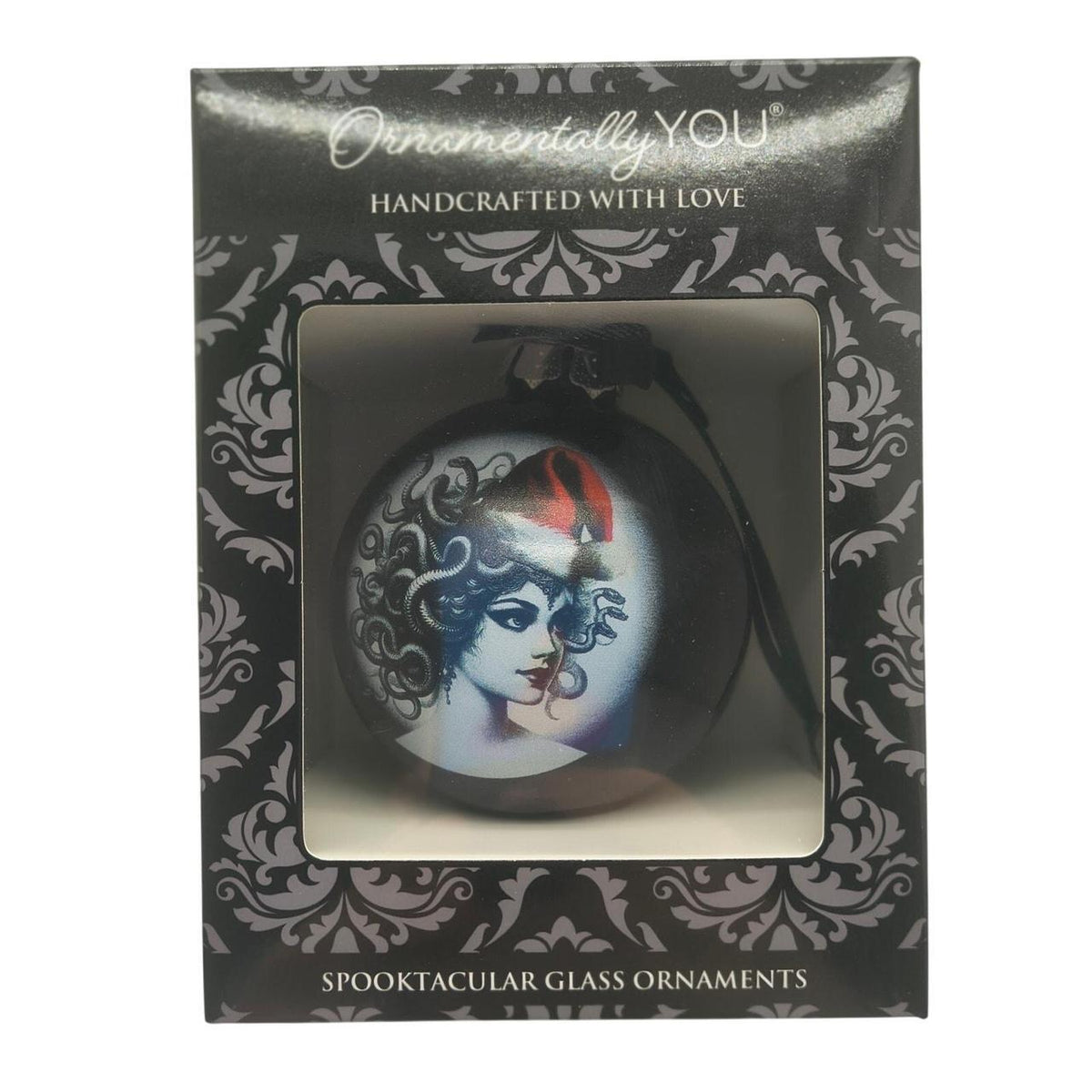 Unbranded Black Glass Christmas Ornament with Artistic Medusa Design and Red Hat - Danisak