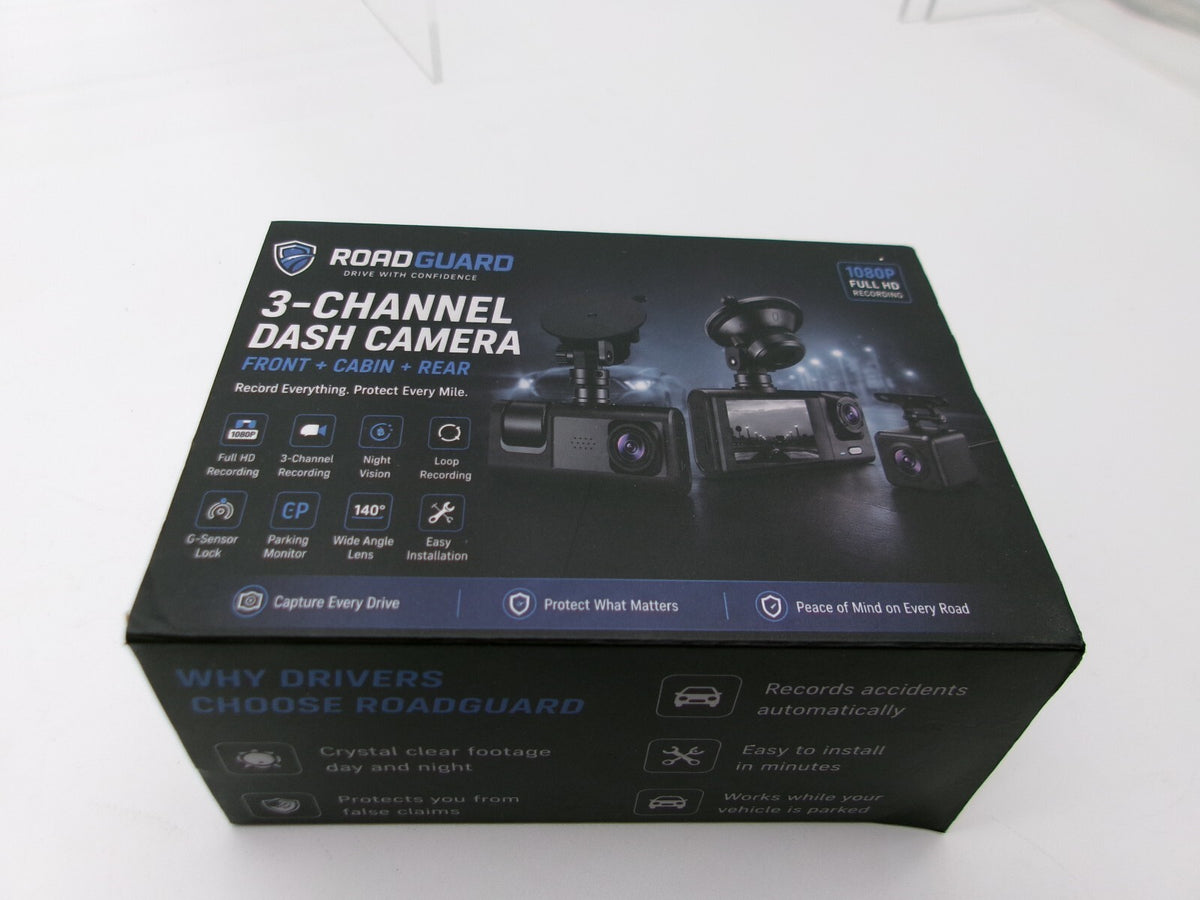 RoadGuard 3-Channel Dash Camera with Front, Cabin, and Rear Cameras - 1080P Full