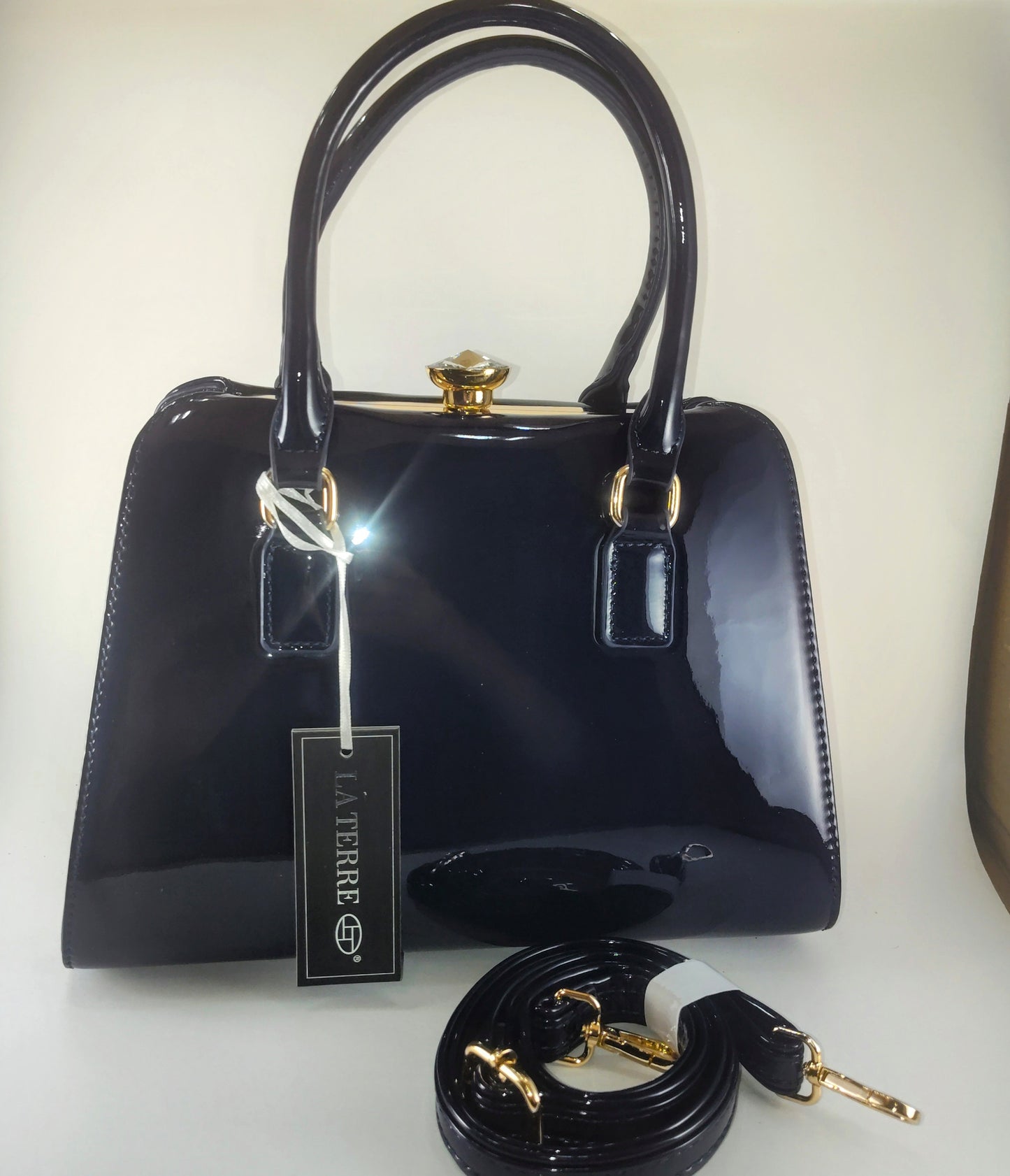Midnight Luxe Satchel: Timeless Elegance in Navy Patent Leather P105