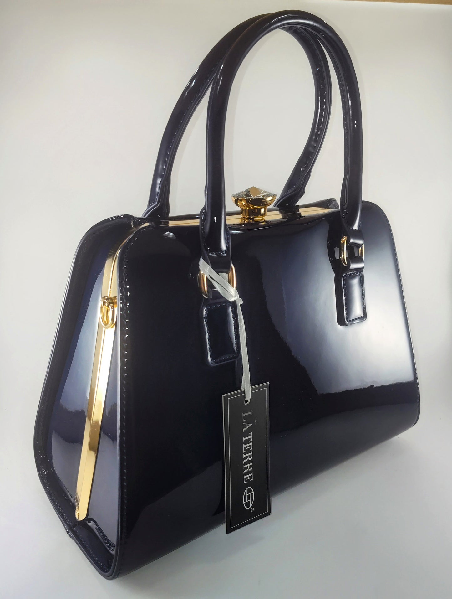 Midnight Luxe Satchel: Timeless Elegance in Navy Patent Leather P105
