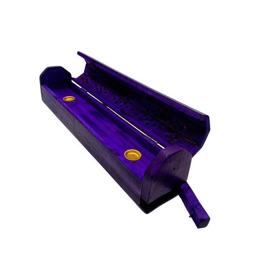 Hand-Carved Purple Wooden Incense Burner Box with Lid for Sticks and Cones - Danisak