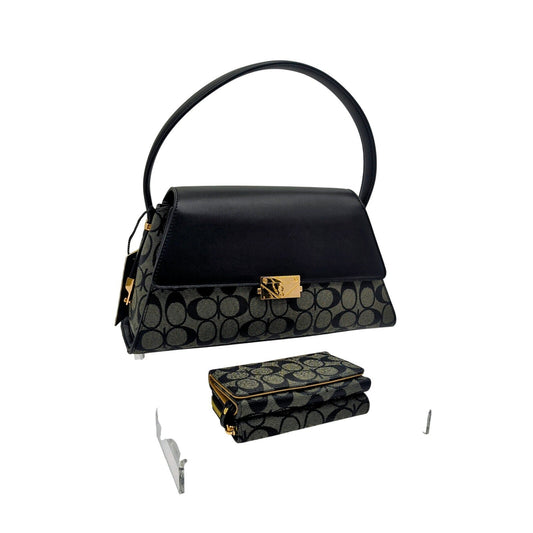 2-in-1 Black Monogram Satchel and Matching Wallet Set with Gold-Tone Push Lock