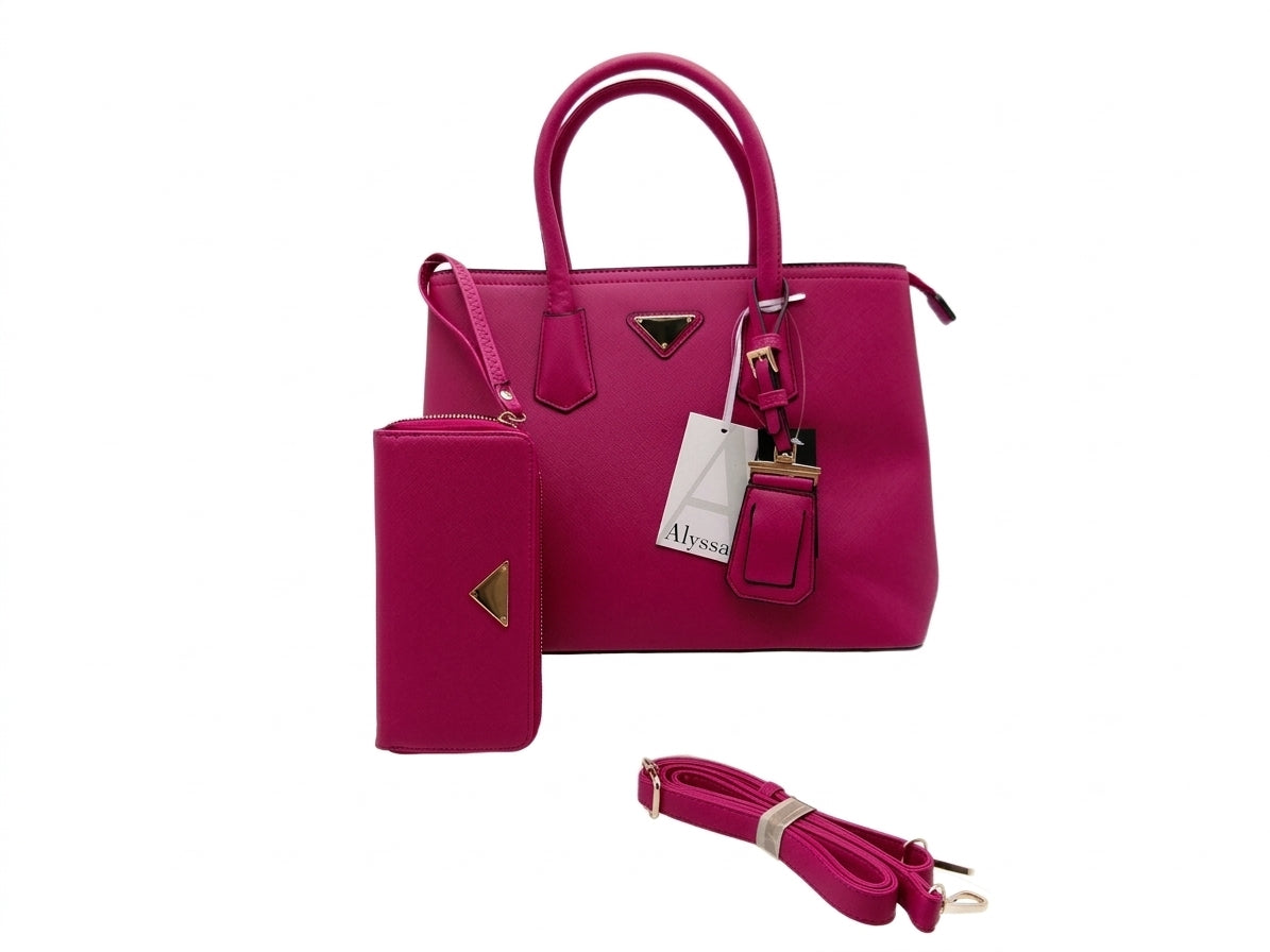 Fuchsia Structured Top Handle Satchel Bag with Wallet and Shoulder Strap