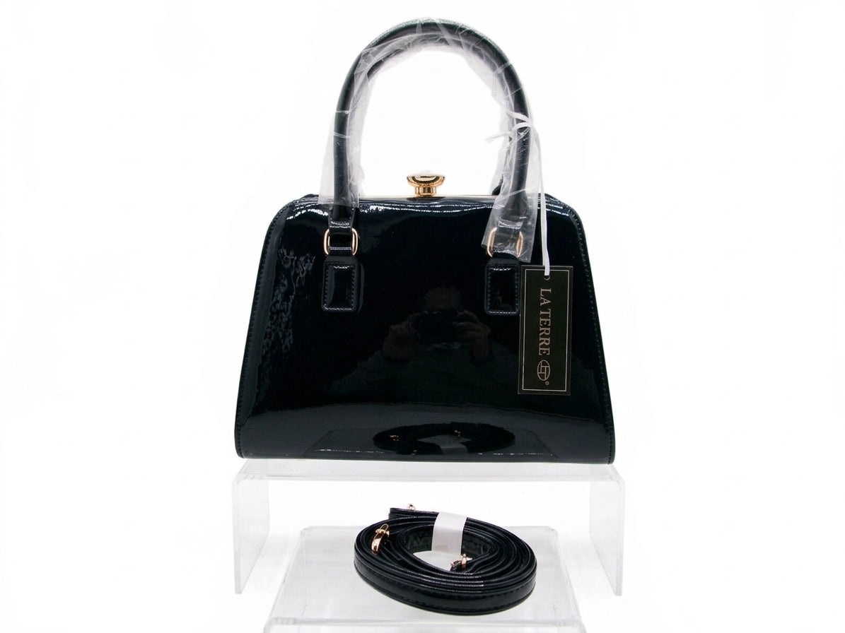 NAVY Patent Top Handle Satchel with Detachable Shoulder Strap