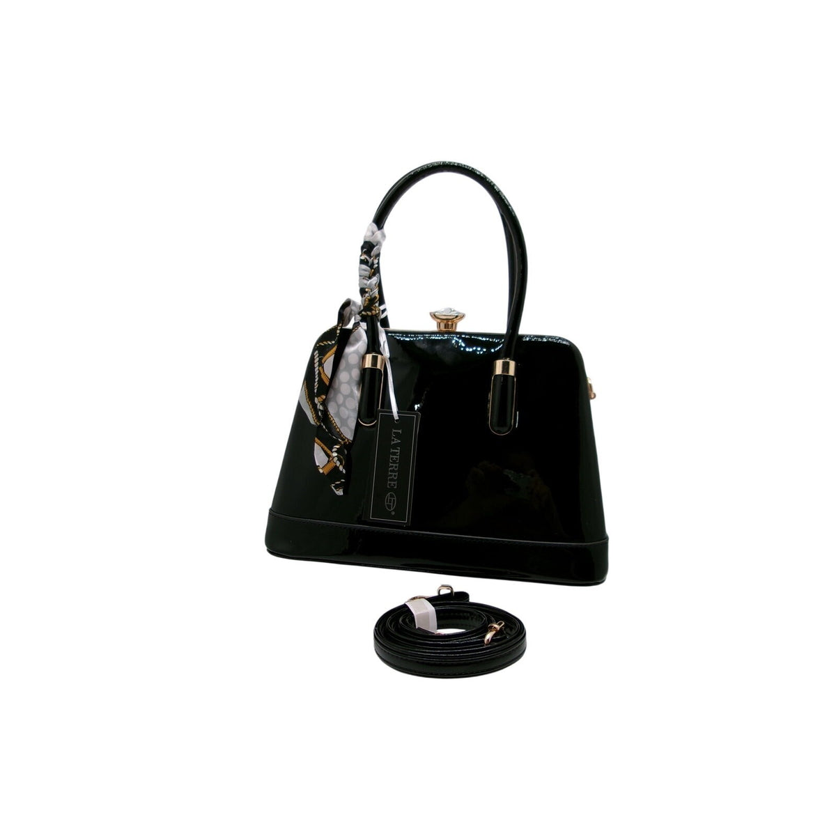 La Terre Black Patent Leather Shell Handbag with Twilly Scarf
