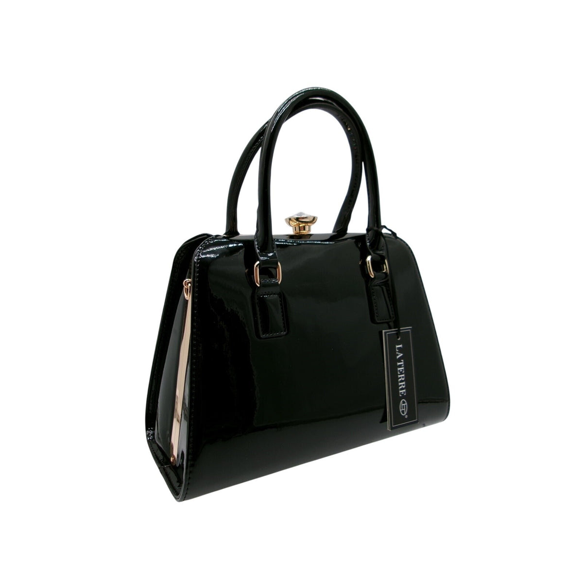 La Terre Black Patent Leather Top Handle Bag with Detachable Shoulder Strap