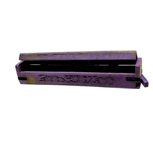 Hand-Carved Purple Floral Wooden Incense Burner Box - Indian Rosewood, 12 Inch - Danisak
