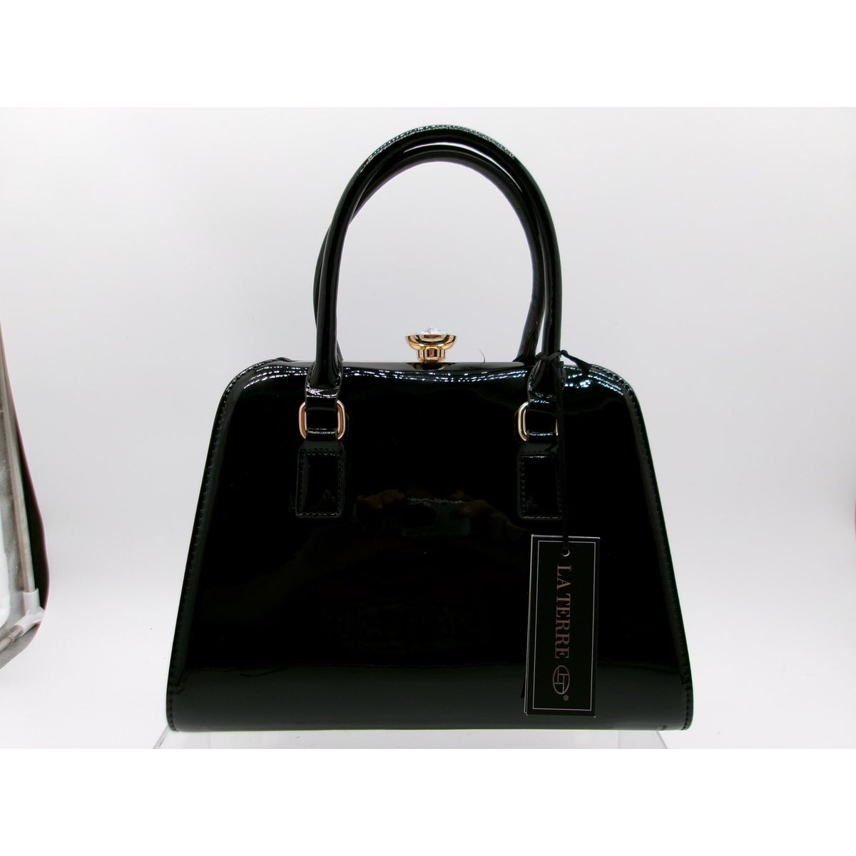 La Terre Glossy Black Structured Top Handle Bag with Detachable Shoulder Strap