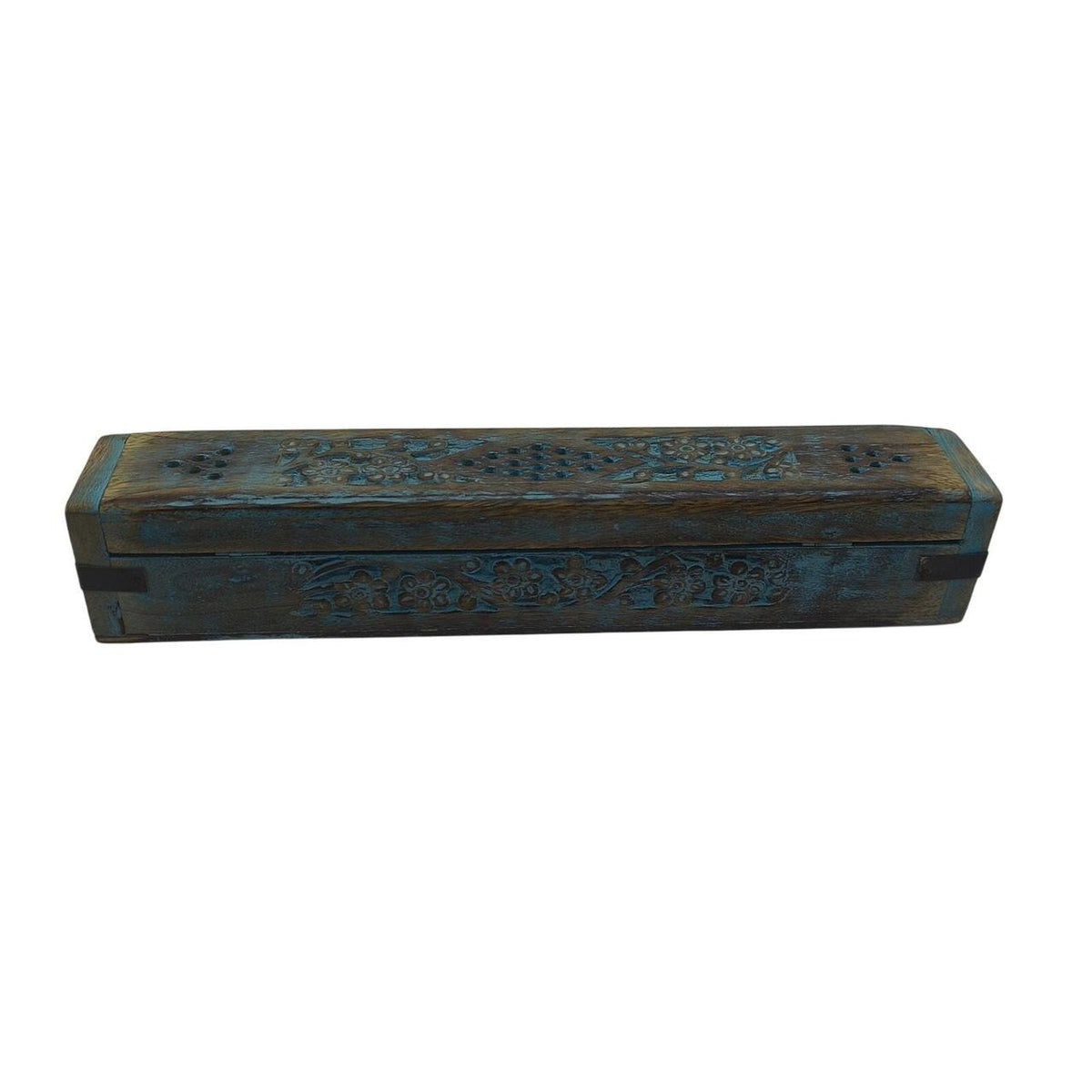 Hand-Carved Indian Rosewood Blue Floral Incense Burner Box - 12 Inch - Danisak