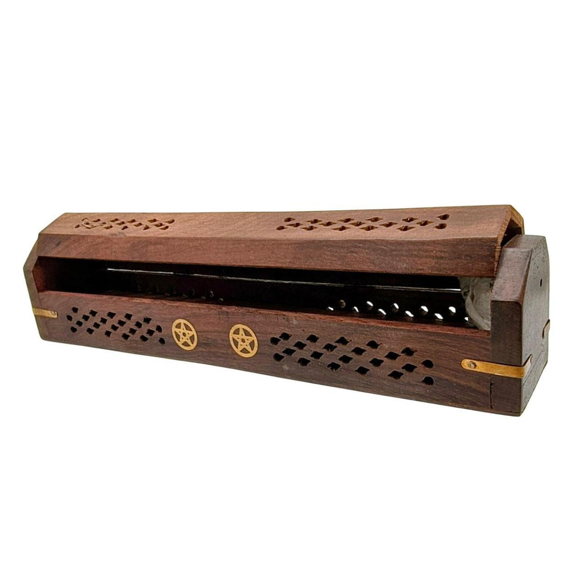 Hand-Carved Wooden Pentagram Incense Burner Box for Sticks and Cones, Brown - Danisak