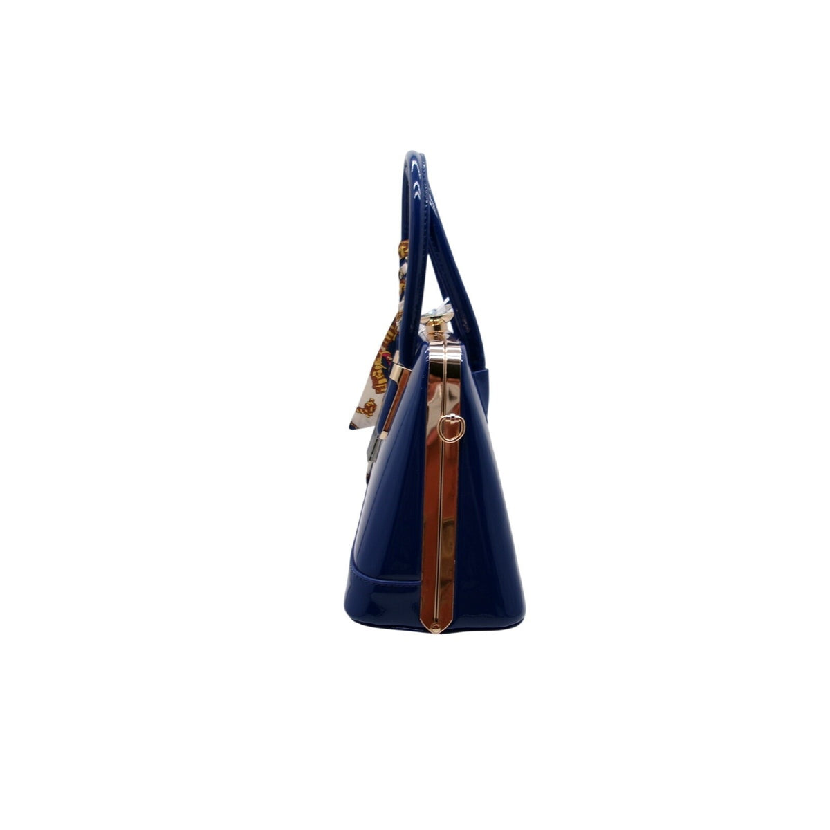 La Terre Navy Blue Patent Leather Shell Handbag with Decorative Twilly Scarf