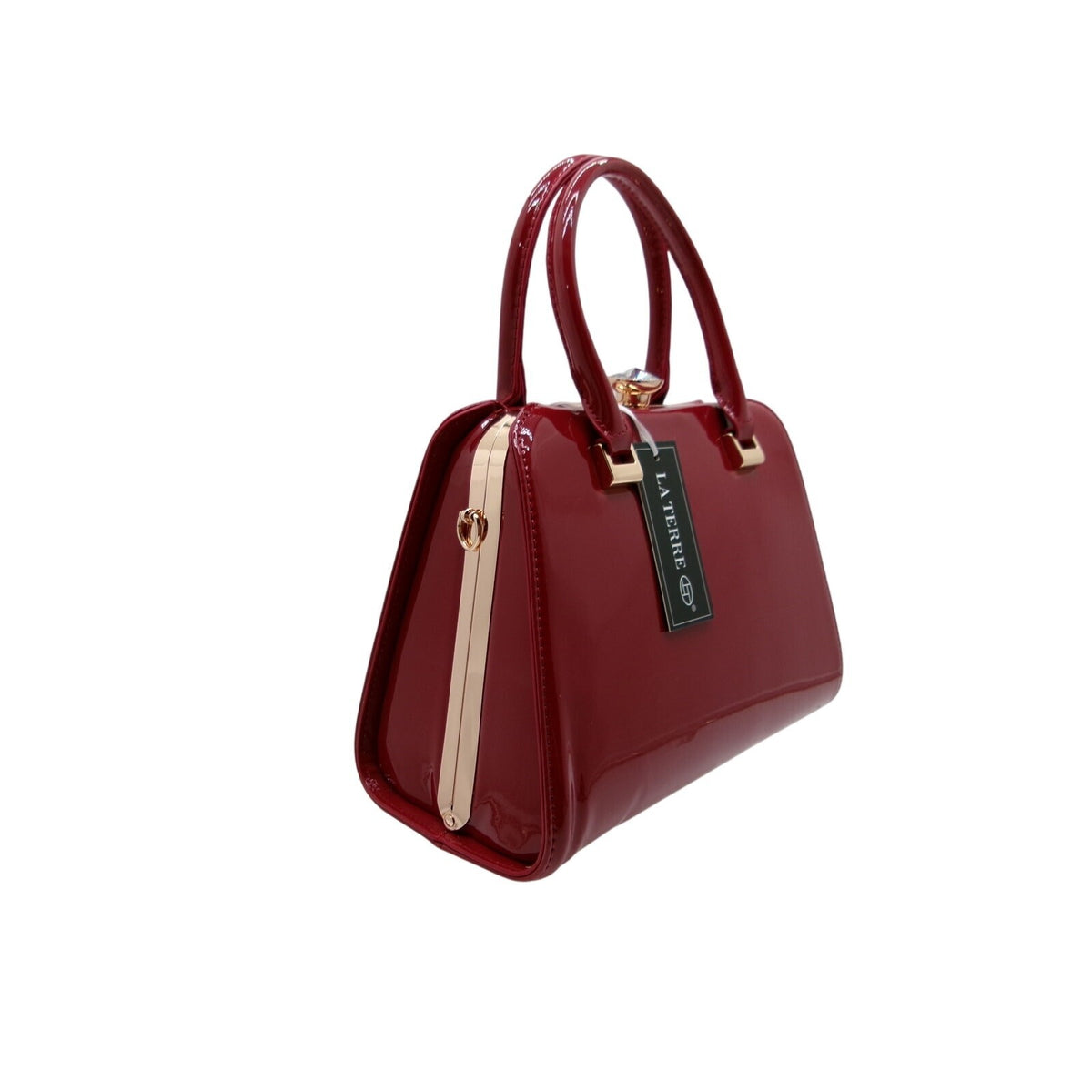 LA TERRE Burgundy Wine Patent Top Handle Bag with Detachable Strap