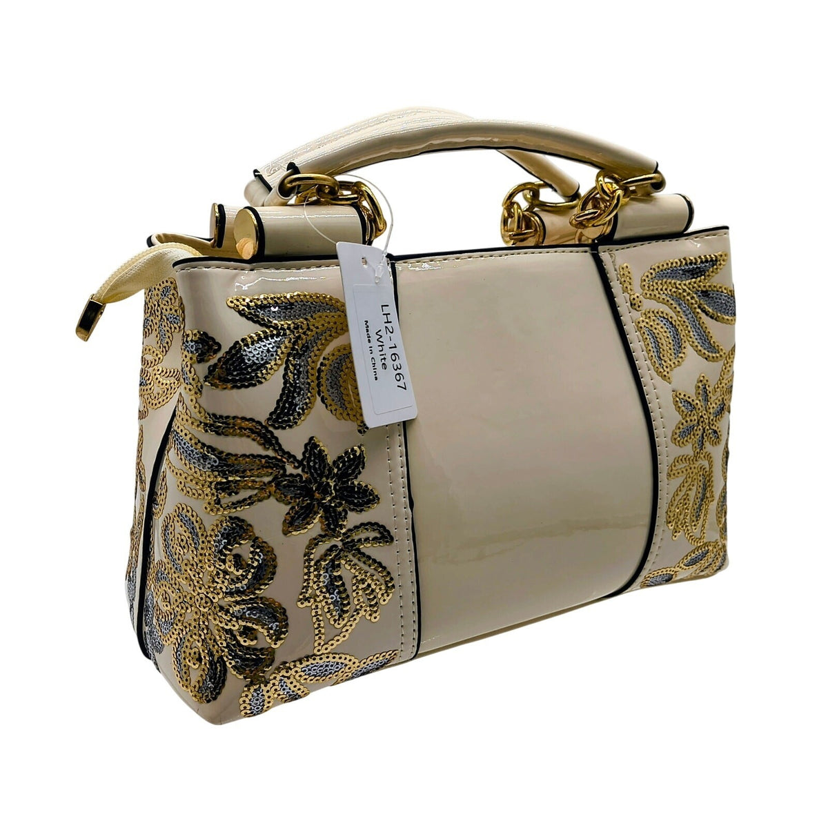 Cream Patent PU Leather Embroidered Top Handle Satchel Bag with Detachable Strap