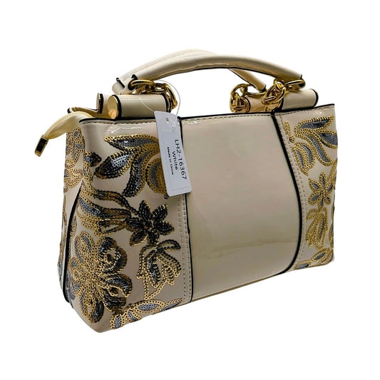 Beige Embellished Floral Satchel Handbag with Shoulder Strap