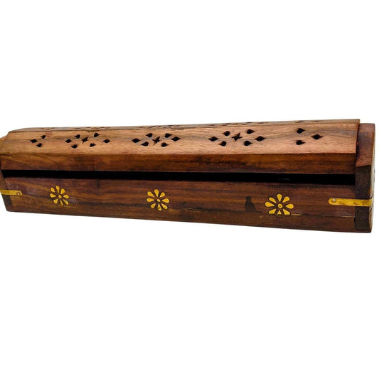 Handmade Wooden Coffin Incense Burner with Brass Floral Inlay - Fits 11-inch Stk - Danisak