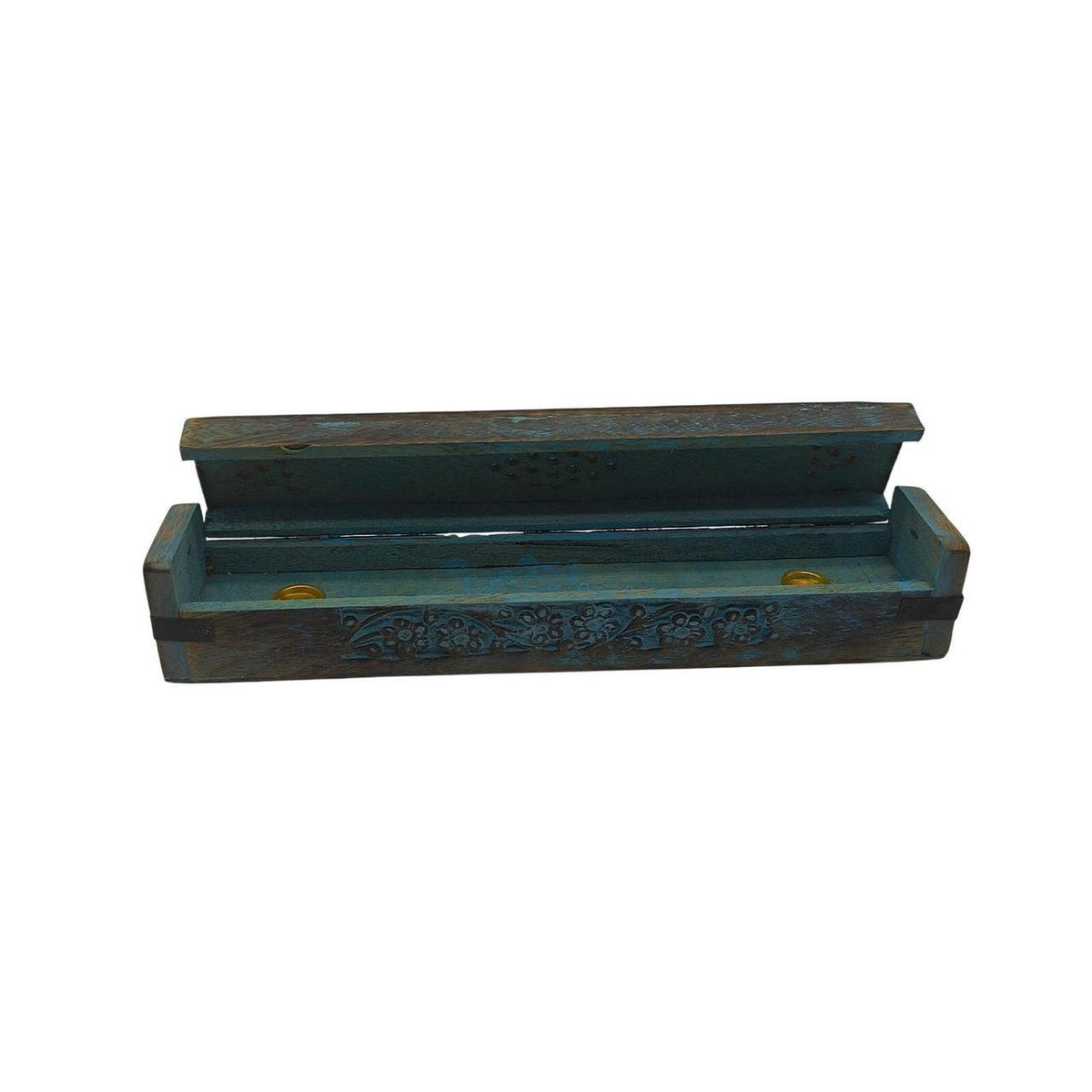 Hand-Carved Indian Rosewood Blue Floral Incense Burner Box - 12 Inch - Danisak