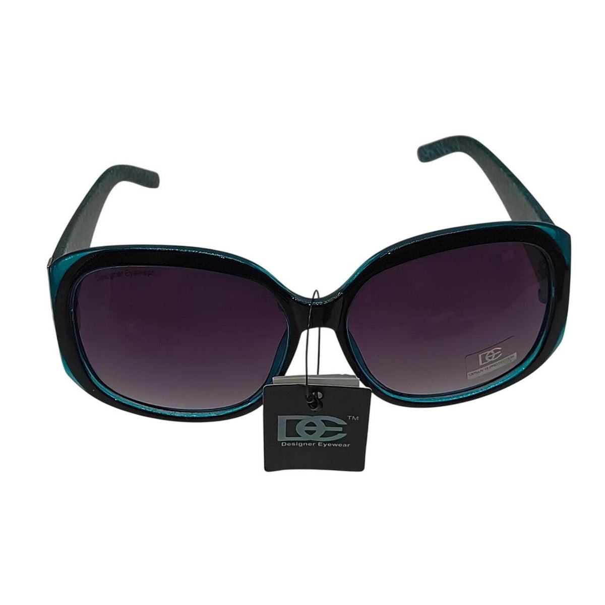 . Blue & green sunglasses with repeating white geometric pattern on black arms - Danisak