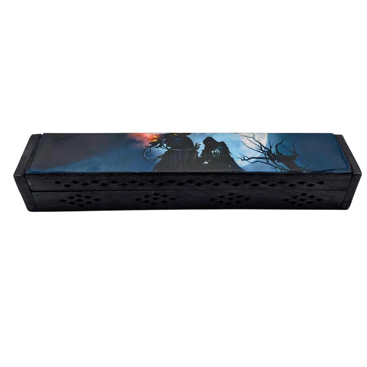 Hand-Carved Mango Wood Incense Burner Box with Horseman Design - Black Coffin Sh - Danisak