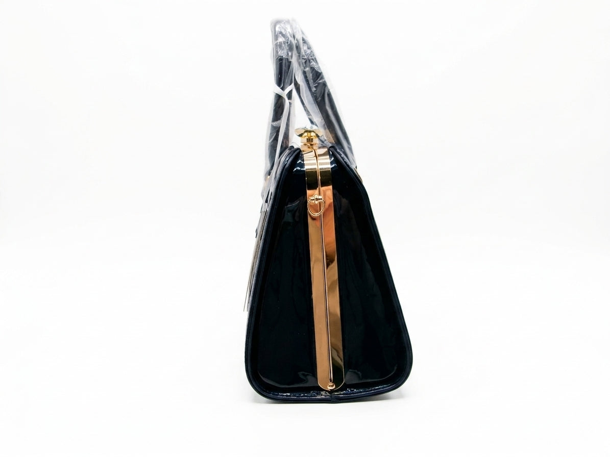 NAVY Patent Top Handle Satchel with Detachable Shoulder Strap