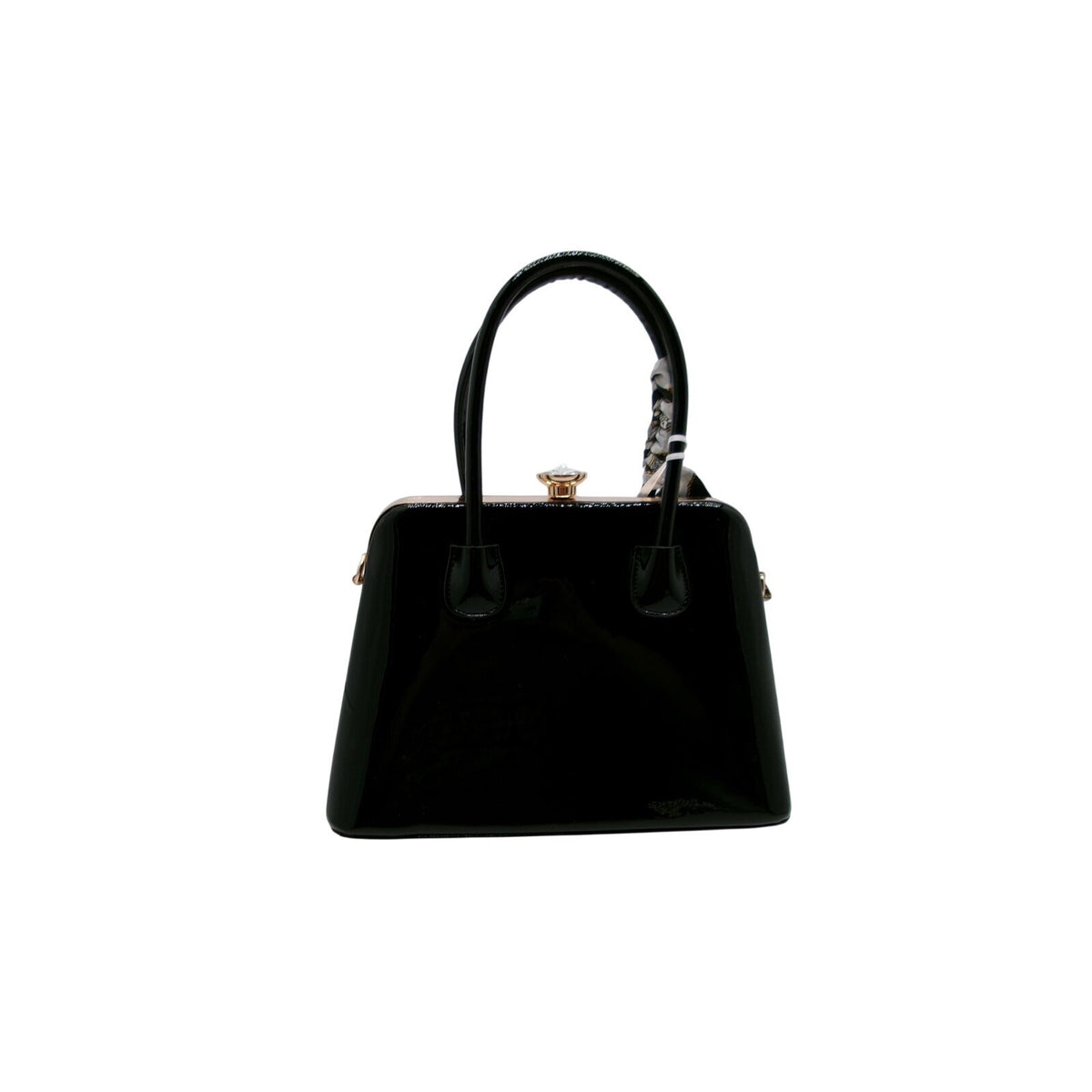 La Terre Black Patent Leather Shell Handbag with Twilly Scarf