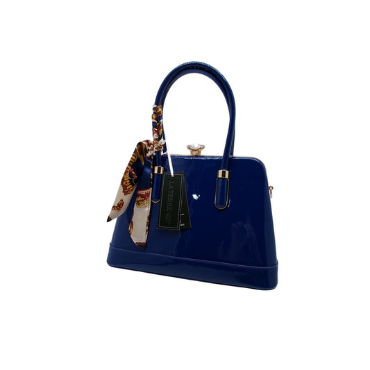 La Terre Navy Blue Patent Leather Shell Handbag with Decorative Twilly Scarf