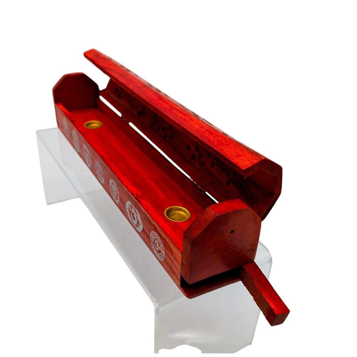 Hand Carved Red Wood Incense Box with 7 Chakra Design - Fits 11-Inch Sticks & Co - Danisak
