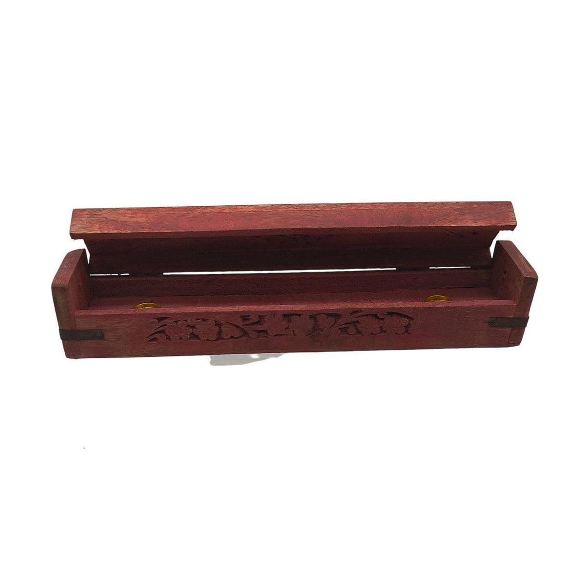 Hand Carved Indian Rosewood Incense Burner Box with Red Floral Design - 12 Inch - Danisak