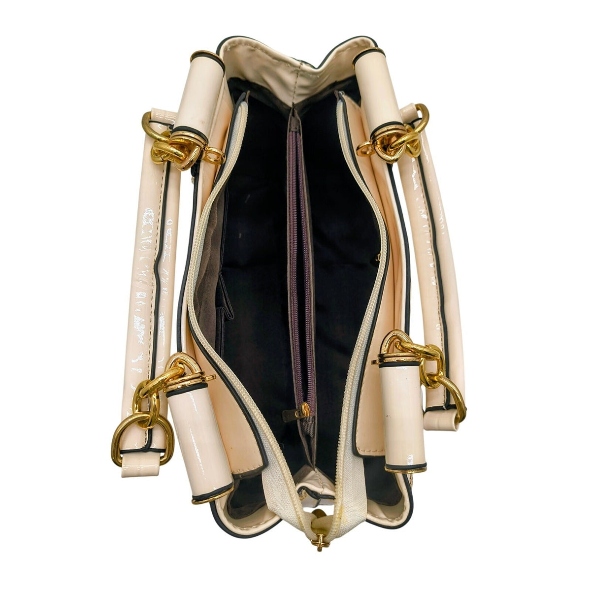 Cream Patent PU Leather Embroidered Top Handle Satchel Bag with Detachable Strap