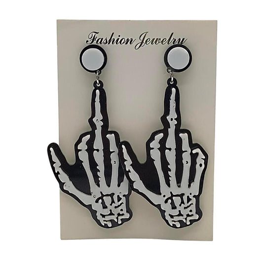 Unbranded Black and White Skeleton Hand Middle Finger Statement Earrings - New - Danisak