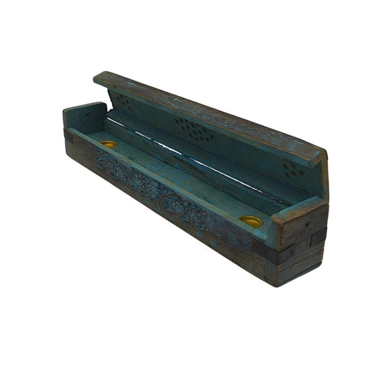 Hand-Carved Indian Rosewood Blue Floral Incense Burner Box - 12 Inch - Danisak