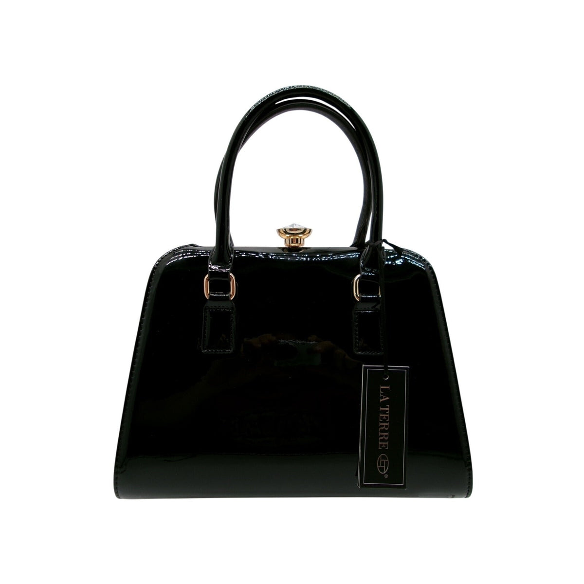 La Terre Glossy Black Structured Top Handle Bag with Detachable Shoulder Strap