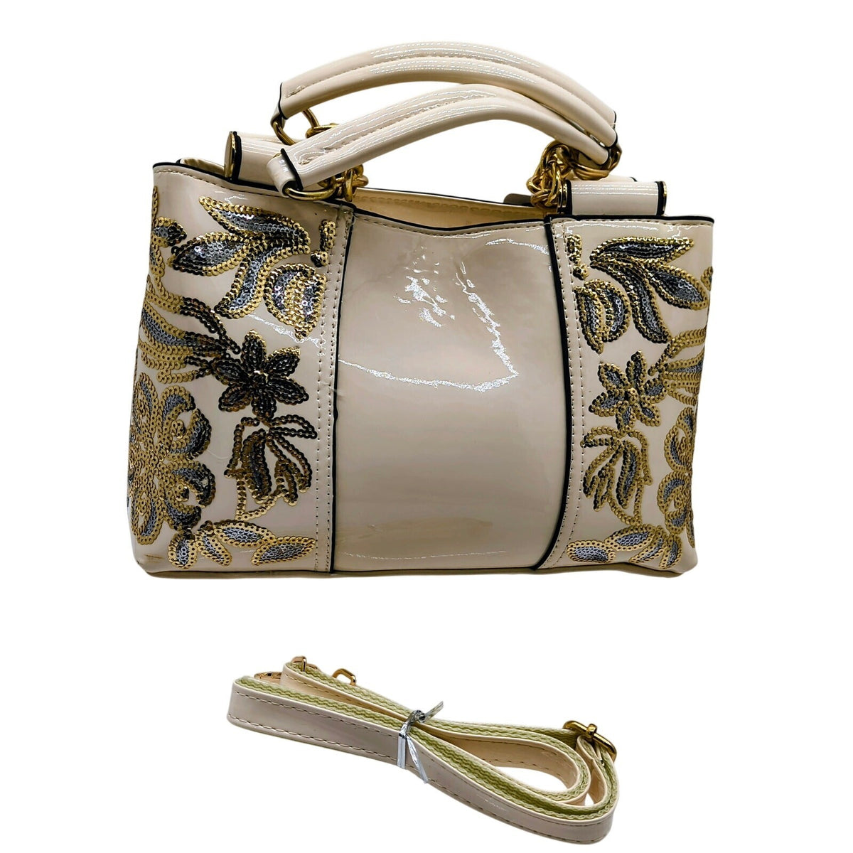 Cream Patent PU Leather Embroidered Top Handle Satchel Bag with Detachable Strap