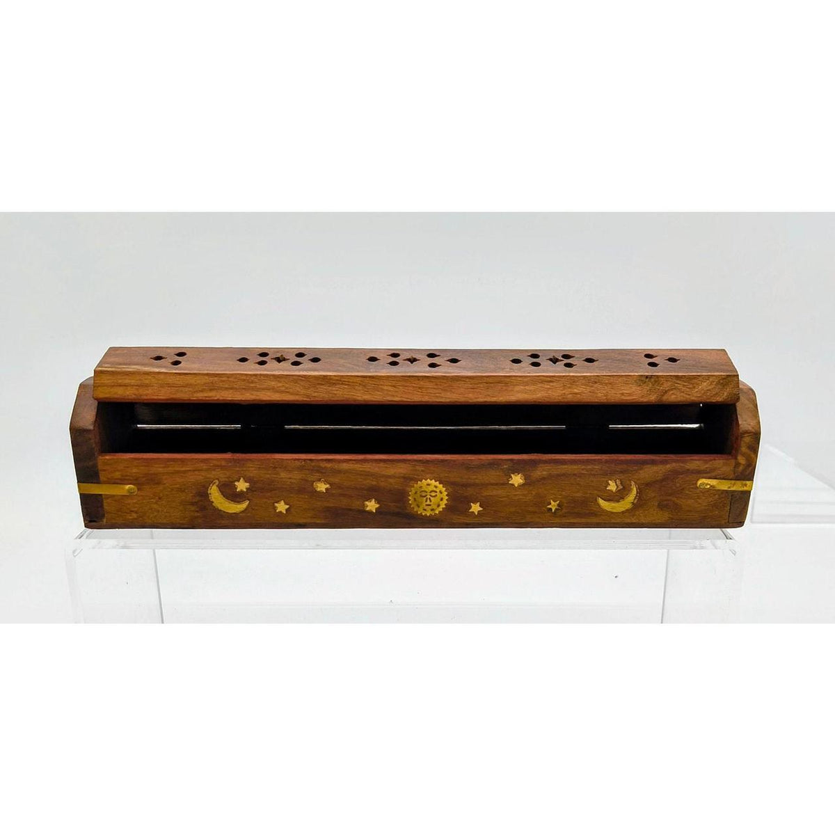 New With Tags Coffin Style Wooden Incense Burner with Brass OM Inlay and Ashtray - Danisak