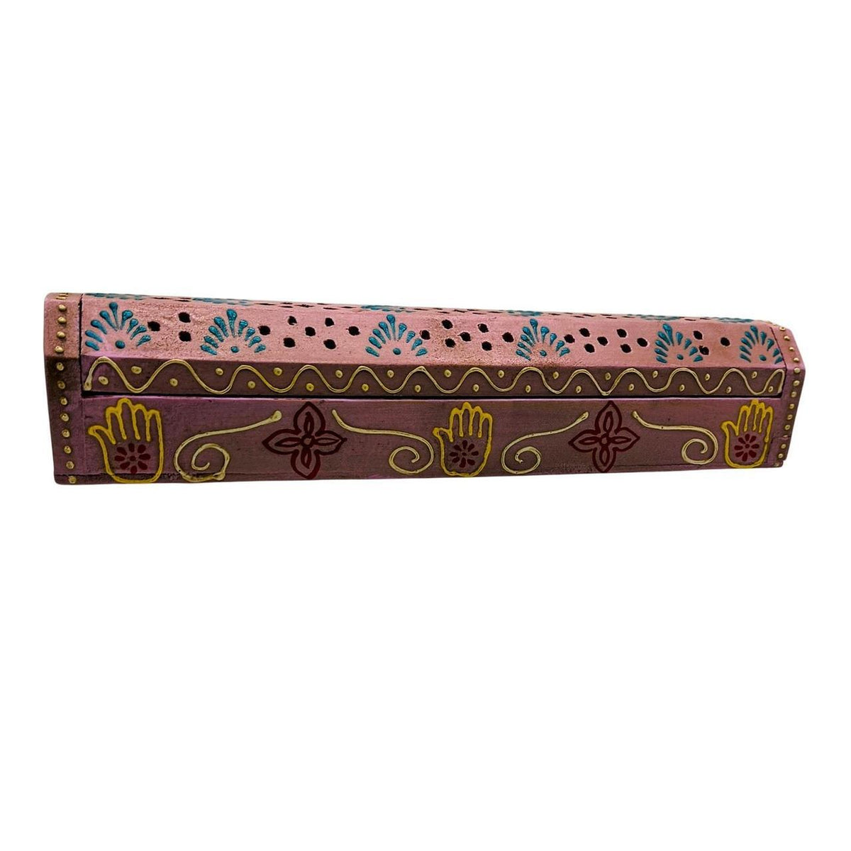 Hand-Painted Pink Sheesham Wood Incense Coffin Box Burner for Home Decor - Danisak
