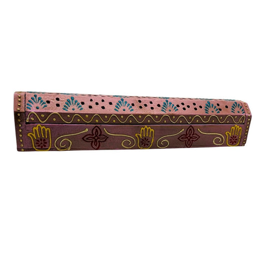 Hand-Painted Pink Sheesham Wood Incense Coffin Box Burner for Home Decor - Danisak