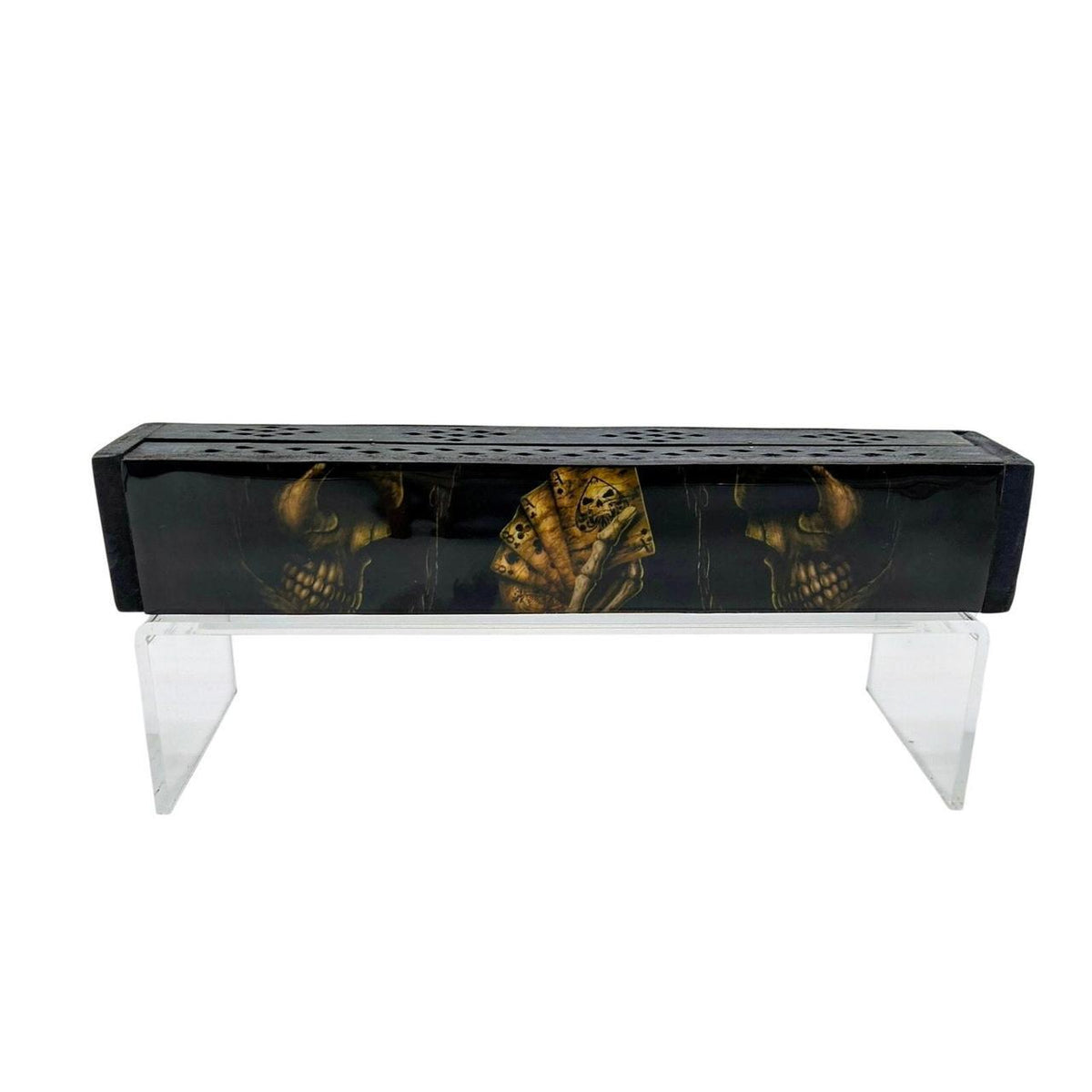 Hand-Carved Mango Wood Incense Burner Box with Skull of Luck Design - Coffin Box - Danisak