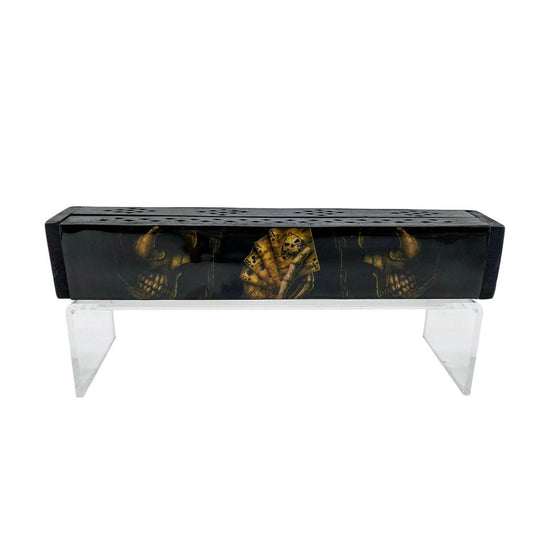 Hand-Carved Mango Wood Incense Burner Box with Skull of Luck Design - Coffin Box - Danisak