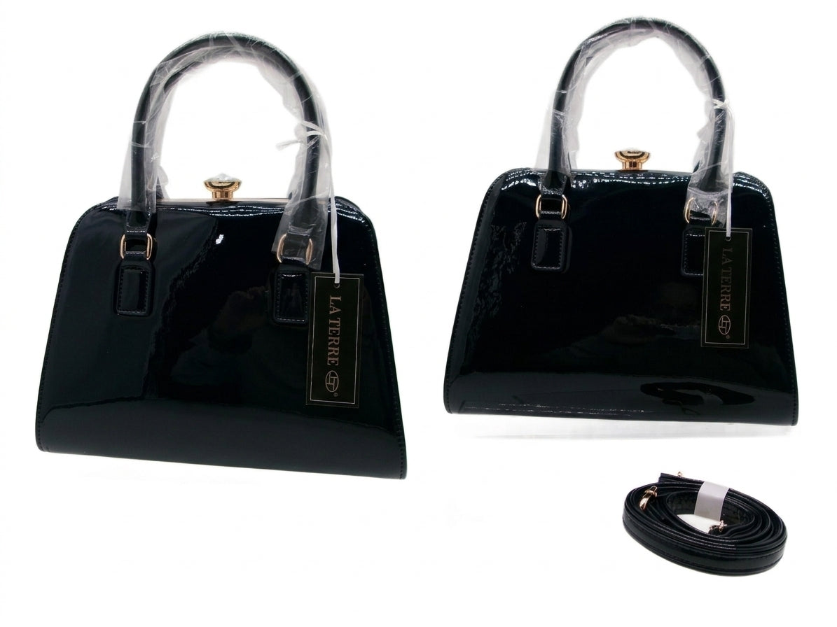 NAVY Patent Top Handle Satchel with Detachable Shoulder Strap
