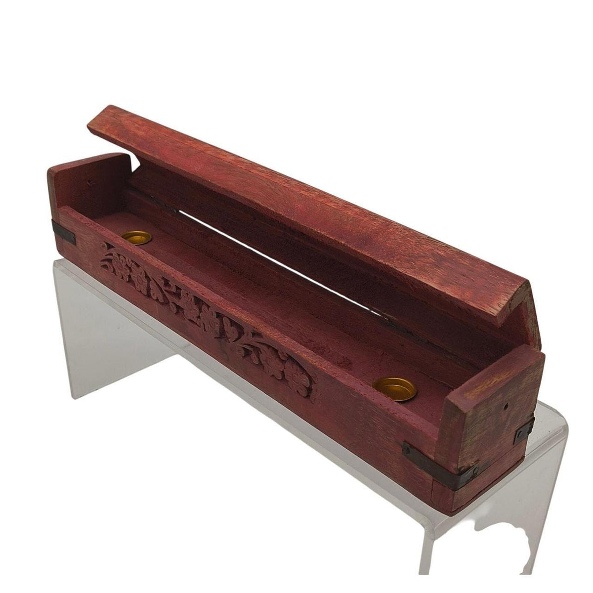 Hand Carved Indian Rosewood Incense Burner Box with Red Floral Design - 12 Inch - Danisak