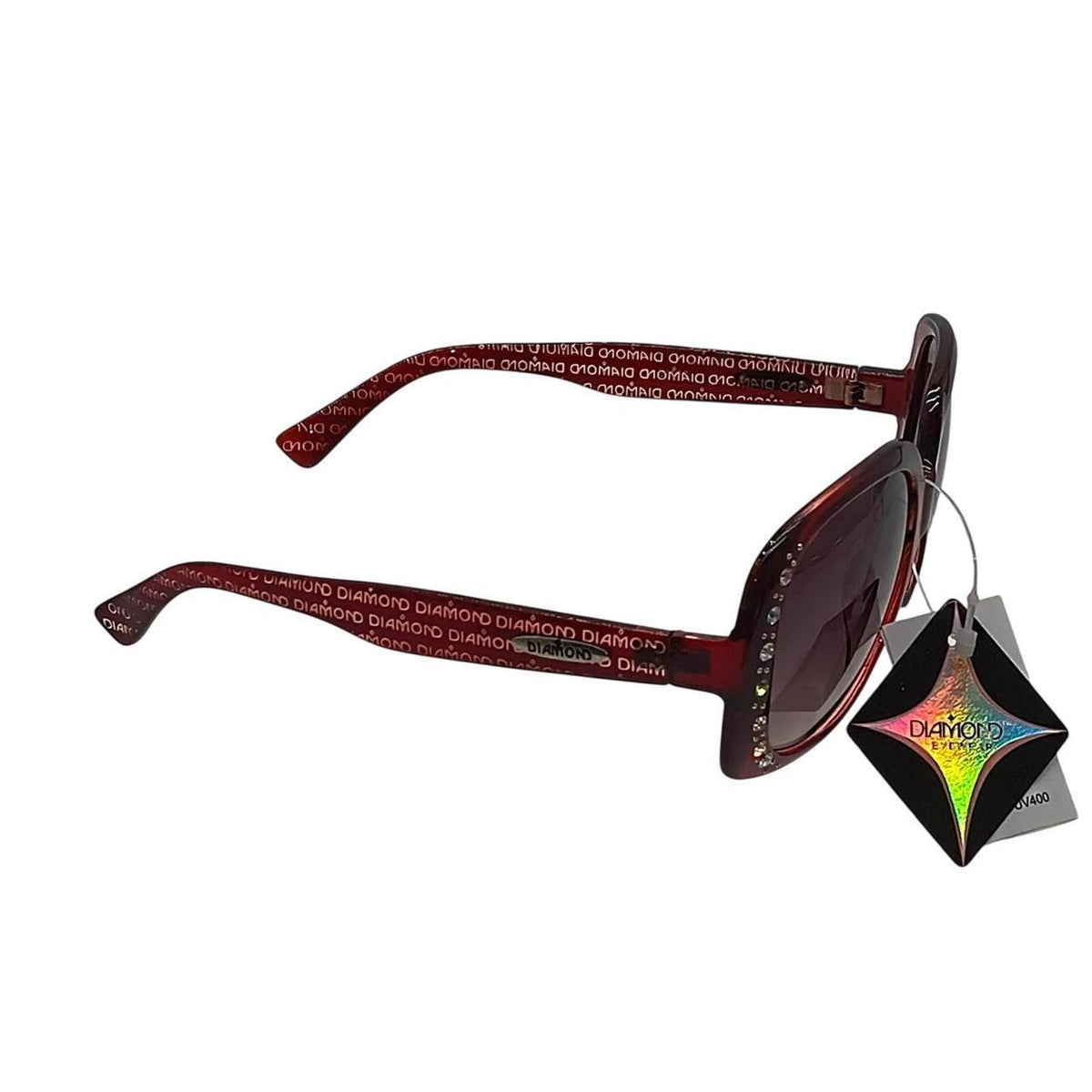 .  Diamond Eyewear. red sunglasses with repeating text pattern - Danisak