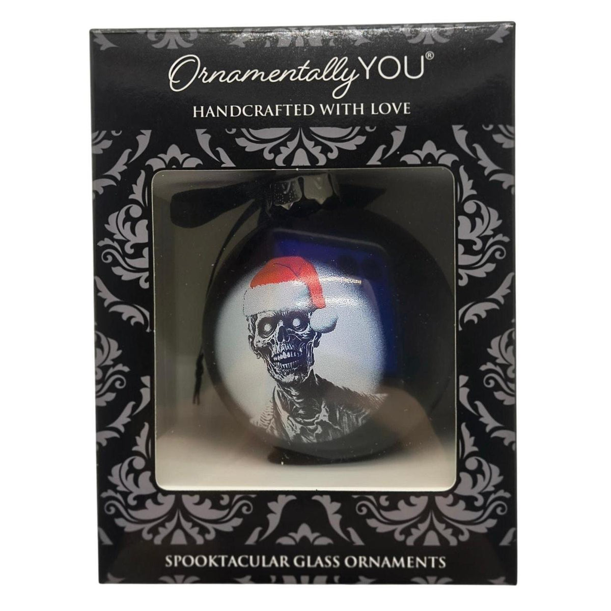 Unbranded Black Glass Christmas Ornament with Skeleton in Santa Hat - 3 Inch - Danisak