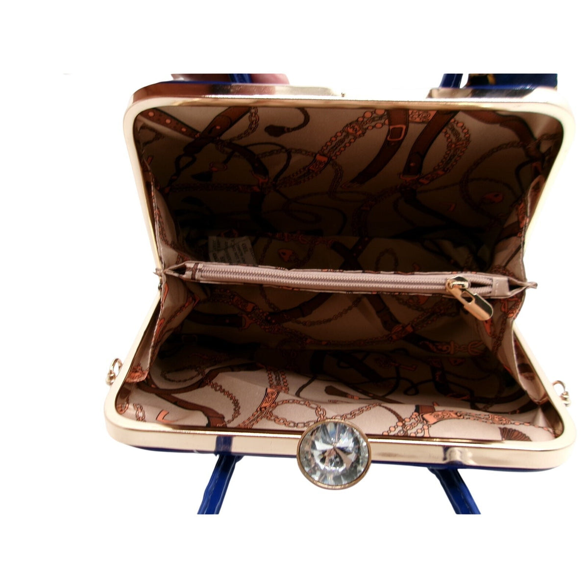La Terre Navy Blue Patent Leather Shell Handbag with Decorative Twilly Scarf