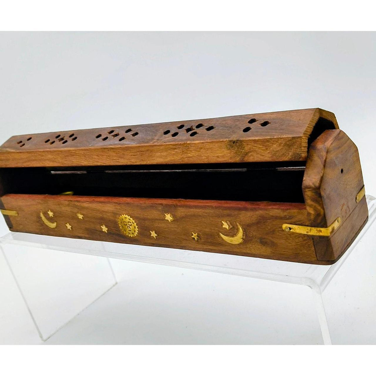 New With Tags Coffin Style Wooden Incense Burner with Brass OM Inlay and Ashtray - Danisak