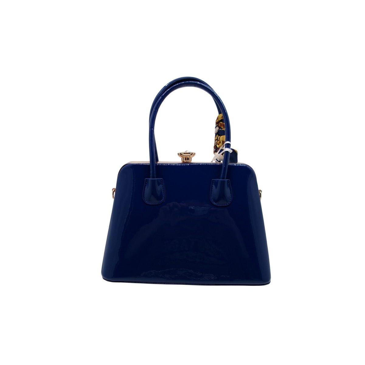 La Terre Navy Blue Patent Leather Shell Handbag with Decorative Twilly Scarf