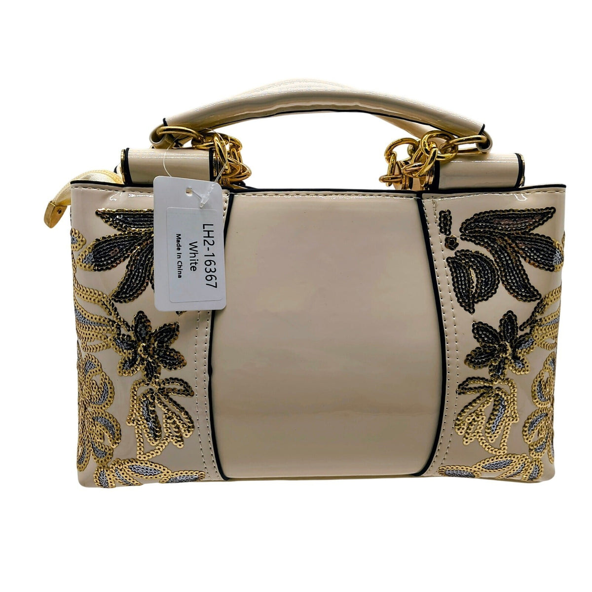 Beige Embellished Floral Satchel Handbag with Shoulder Strap